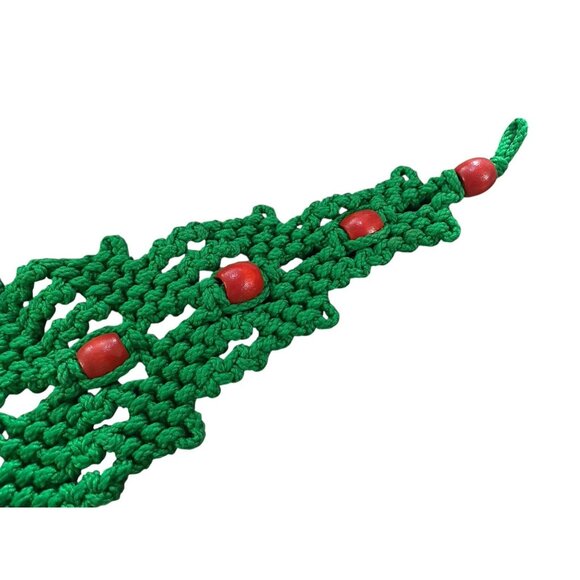 Vintage Green & Red Macrame Christmas Tree Red Beads Wall Hanging 14 Inch Mcm - Picture 3 of 4